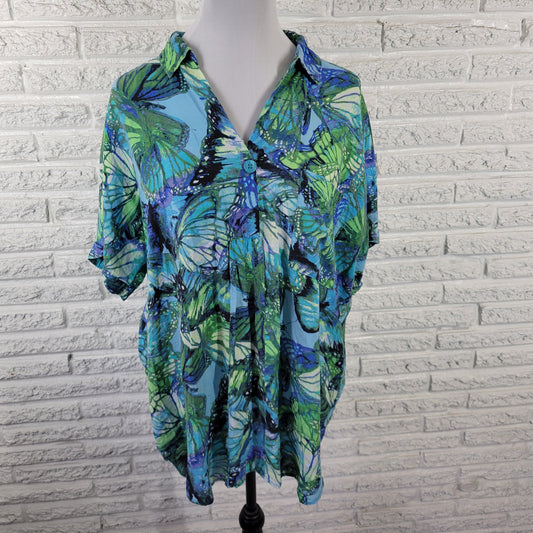 Westbound Women's XL Top Blue Green Butterfly Print Rayon Button Up E4E