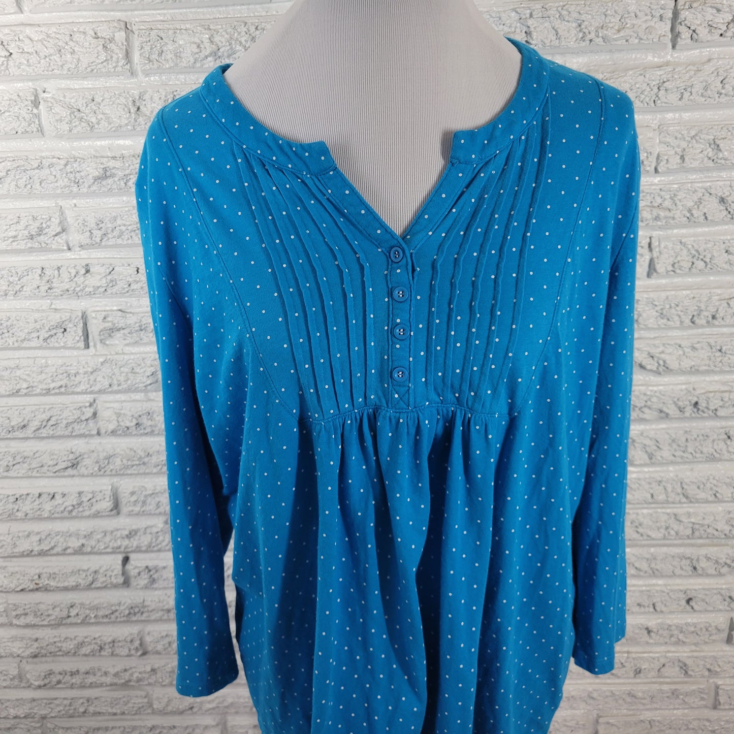 Basic Editions Women's XXL Top Blue White Polka Dot V-Neck Cotton Blouse GEO187E