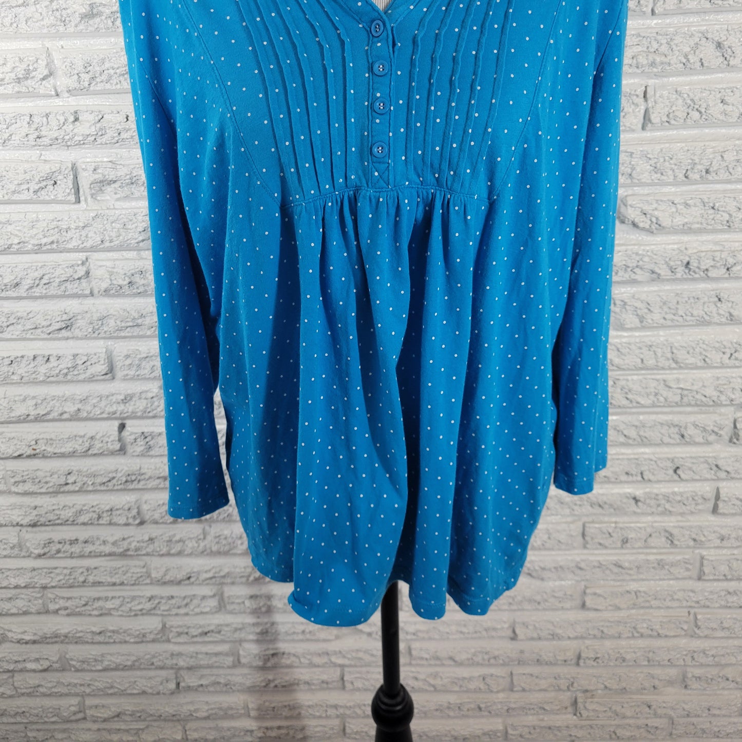 Basic Editions Women's XXL Top Blue White Polka Dot V-Neck Cotton Blouse GEO187E