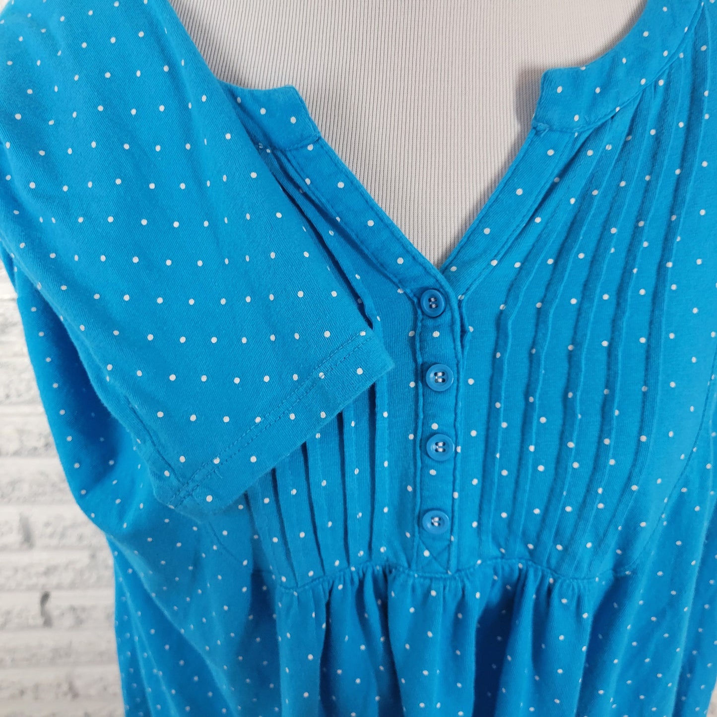 Basic Editions Women's XXL Top Blue White Polka Dot V-Neck Cotton Blouse GEO187E
