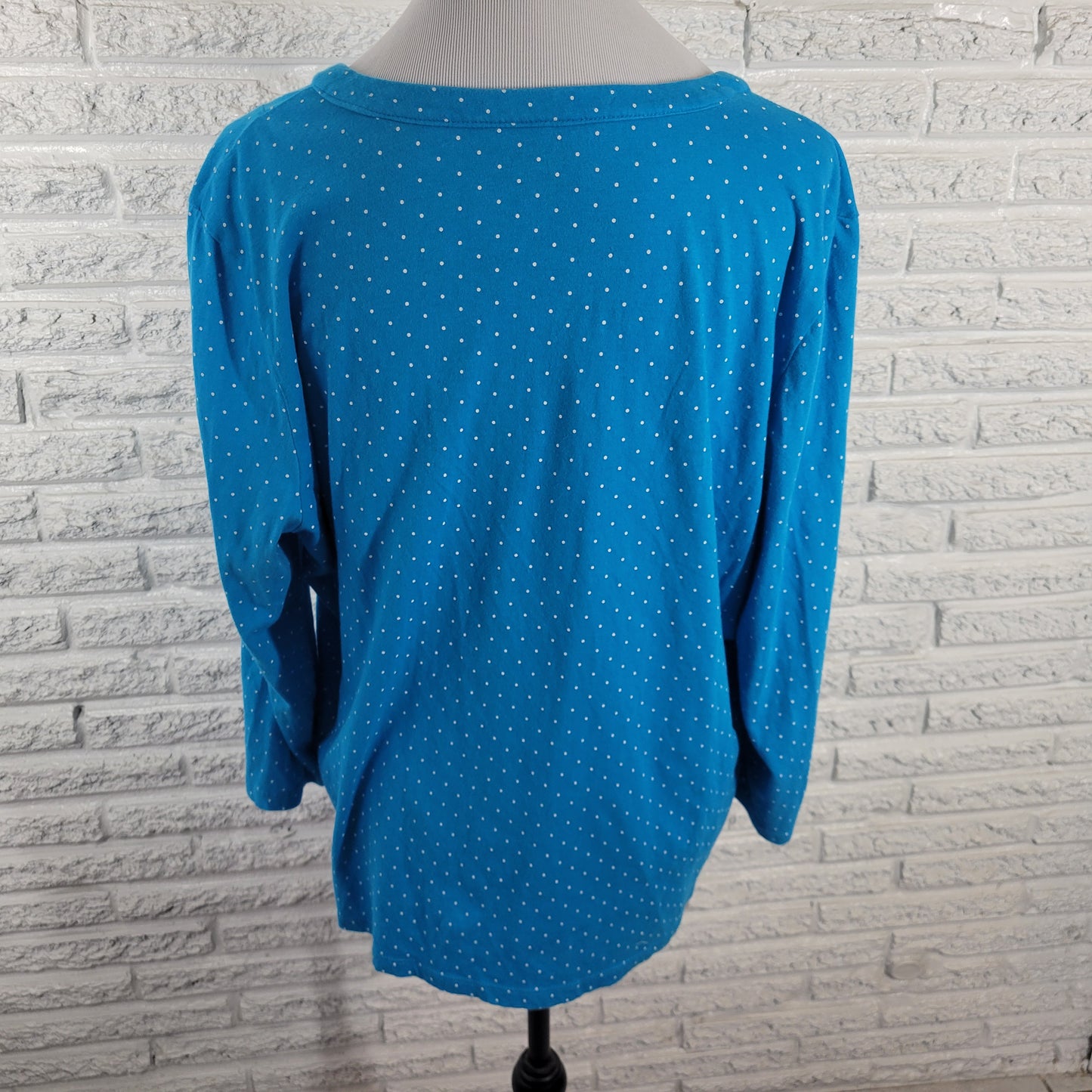 Basic Editions Women's XXL Top Blue White Polka Dot V-Neck Cotton Blouse GEO187E