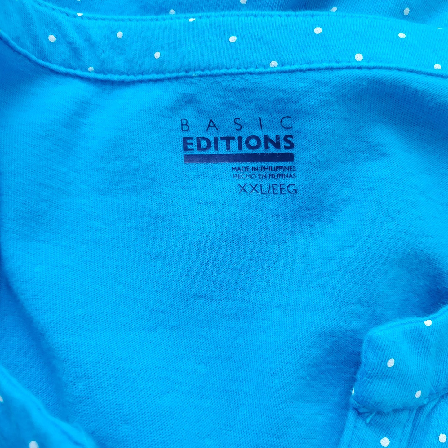 Basic Editions Women's XXL Top Blue White Polka Dot V-Neck Cotton Blouse GEO187E
