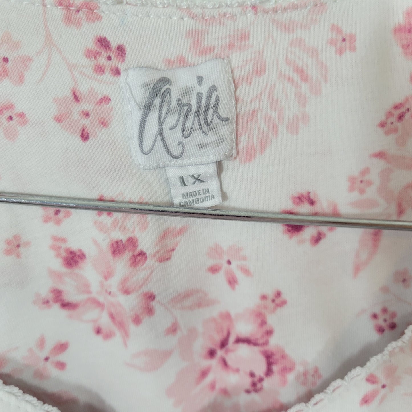 Aria Women's 1X Nightgown Pink White Floral Lace Trim 3/4 Sleeve FLO288E