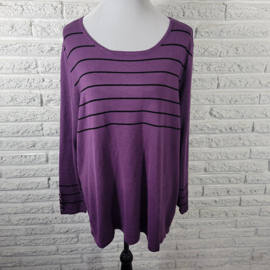 CJ Banks 1X Plus Sweater Lightweight Purple Black Striped Deco Button STR120E