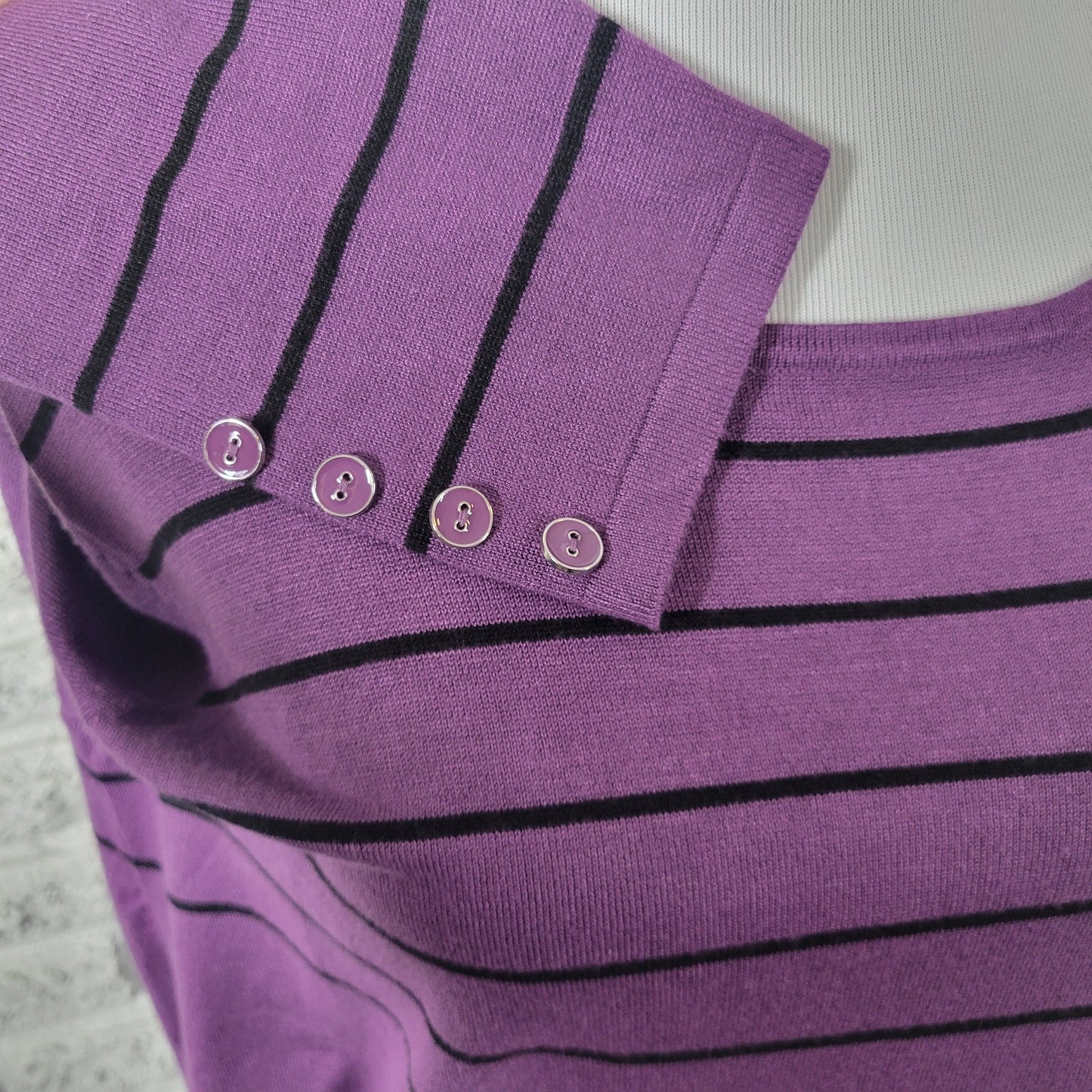 CJ Banks 1X Plus Sweater Lightweight Purple Black Striped Deco Button STR120E