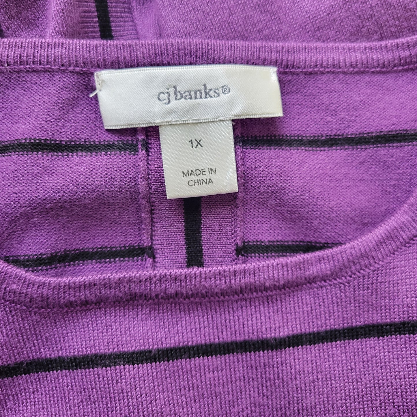 CJ Banks 1X Plus Sweater Lightweight Purple Black Striped Deco Button STR120E