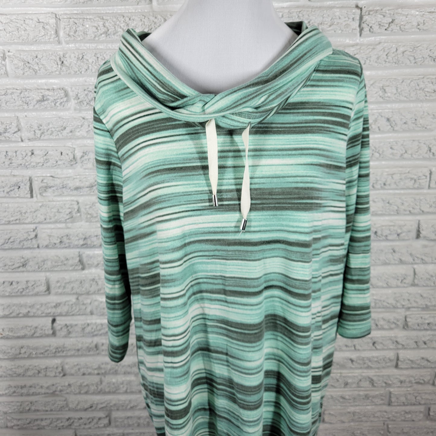 Denim & Co 1X Green Gray Striped Cowl Neck Tunic 3/4 Sleeve Drawstring STR194E