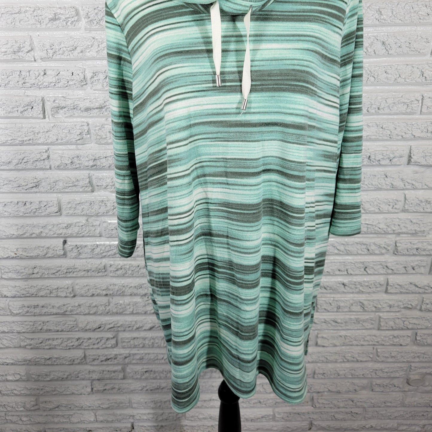 Denim & Co 1X Green Gray Striped Cowl Neck Tunic 3/4 Sleeve Drawstring STR194E