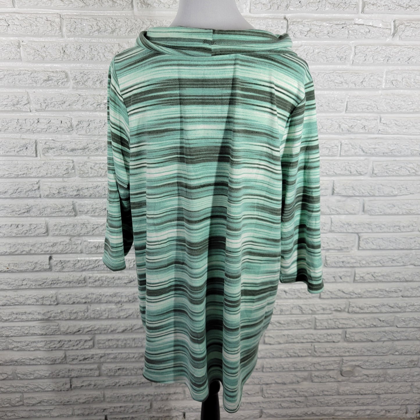 Denim & Co 1X Green Gray Striped Cowl Neck Tunic 3/4 Sleeve Drawstring STR194E
