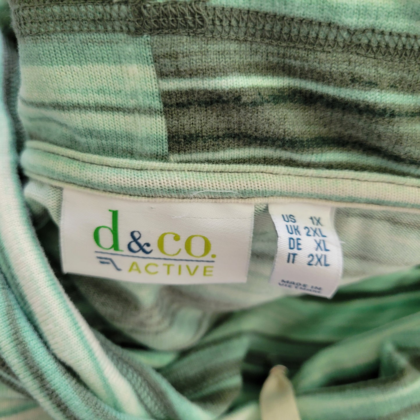 Denim & Co 1X Green Gray Striped Cowl Neck Tunic 3/4 Sleeve Drawstring STR194E