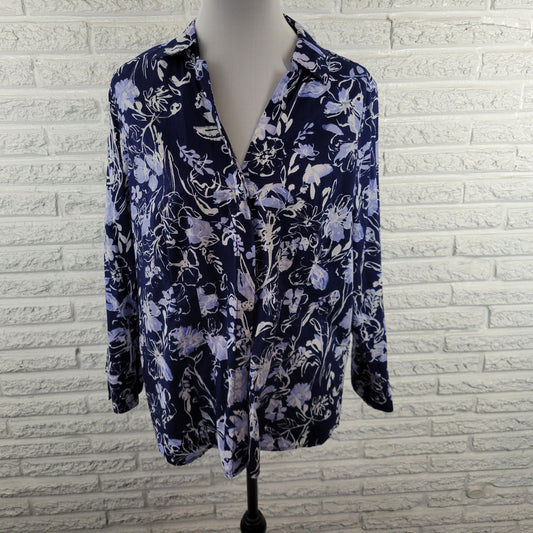 Croft & Barrow XL Blue White Floral Button Up Top Long Sleeve FLO265E