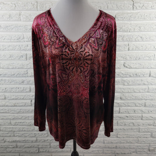 Christopher & Banks XL Burgundy Velour Paisley Geometric Rhinestone Top GEO290E