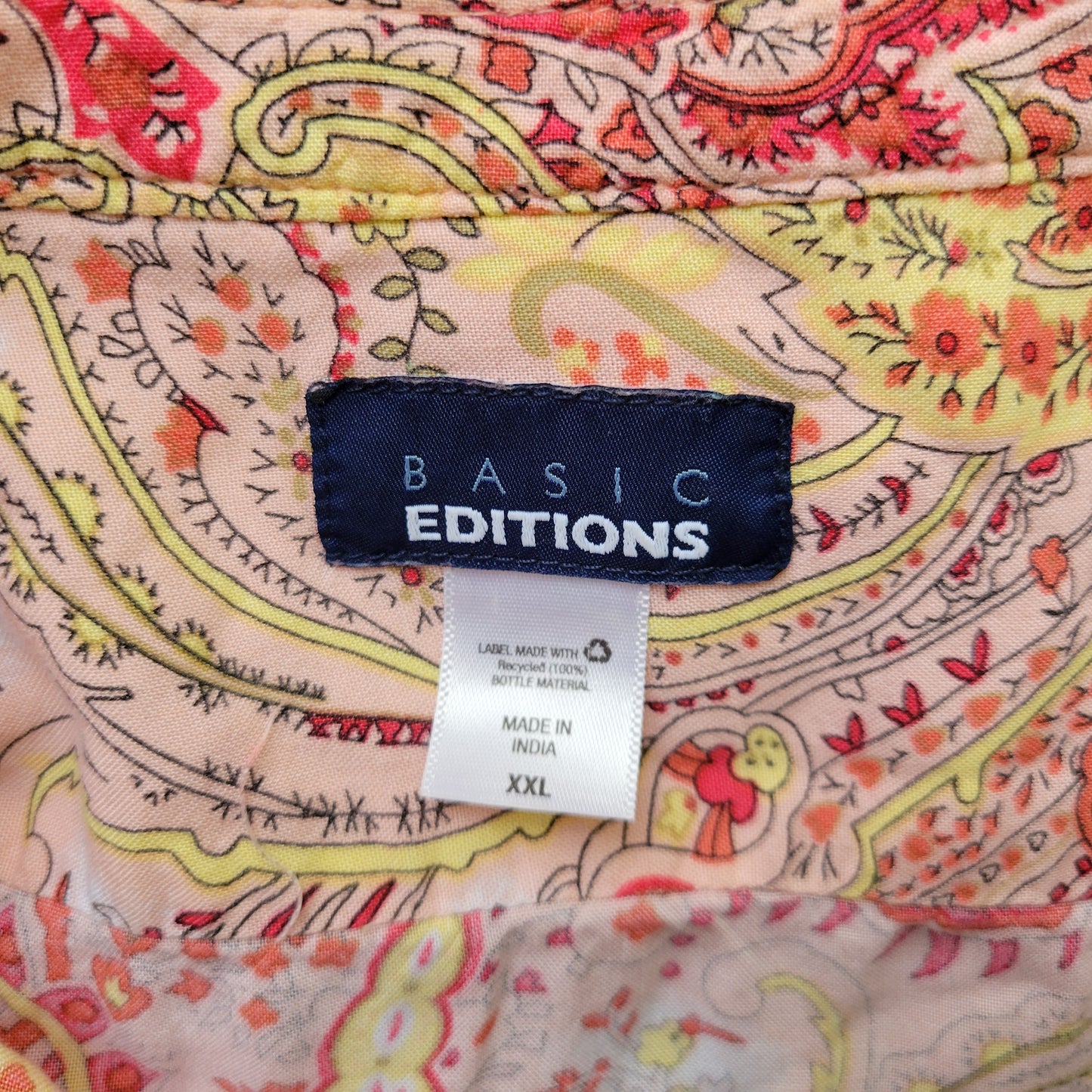 Basic Editions XXL Plus Women's Top Pink Yellow Paisley V-Neck Roll Tab PAI29E
