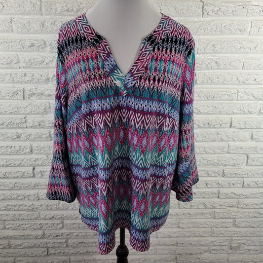 Kim Rogers 2X Plus Women's Top Multicolor Geometric V-Neck GEO288E