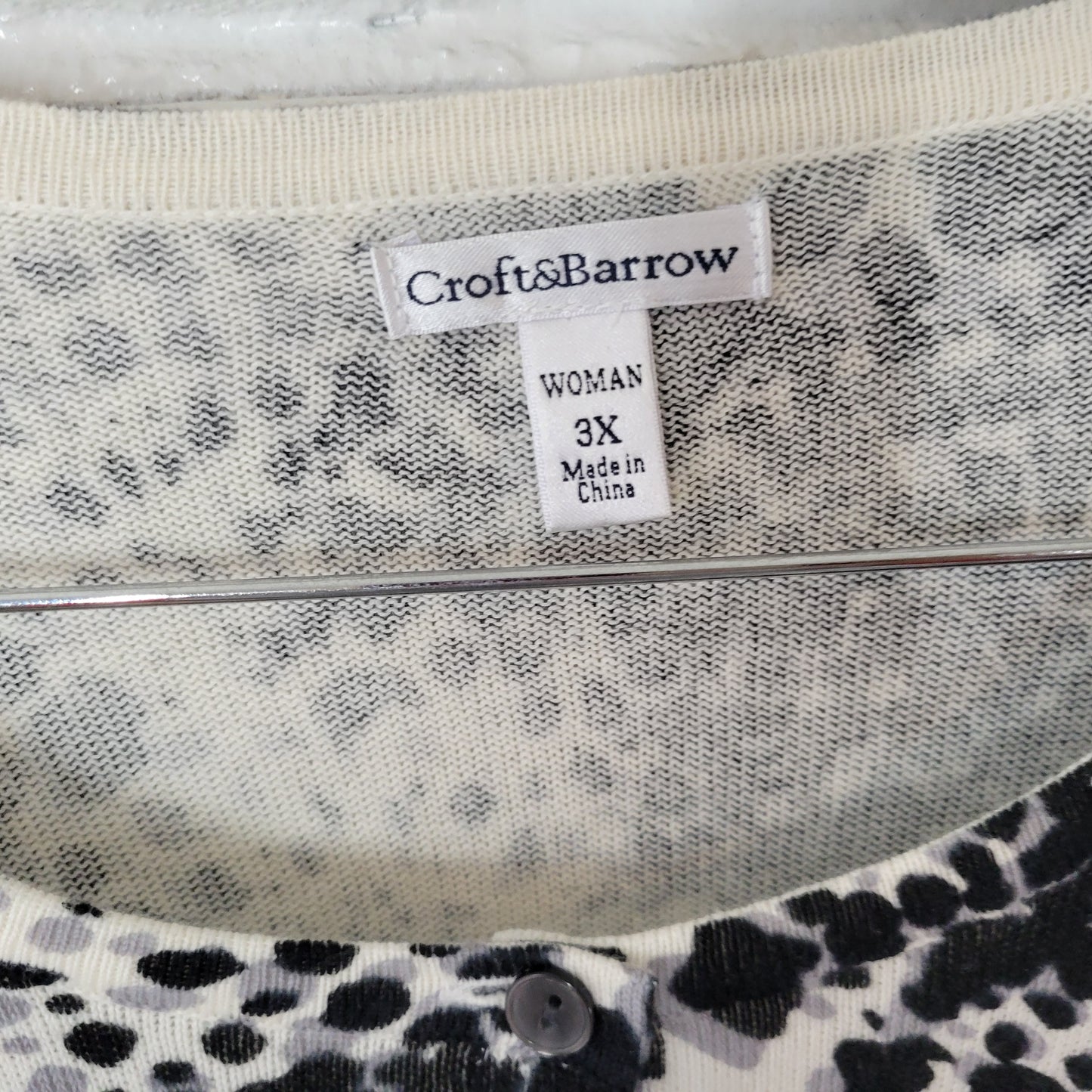 Croft & Barrow 3X Cardigan Sweater Black Gray Animal Print 100% Cotton ANI36E