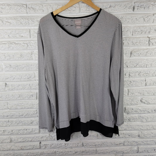 Chico's XXL (Size 4) Black White Striped Tunic Chiffon Hem V-Neck STR143E