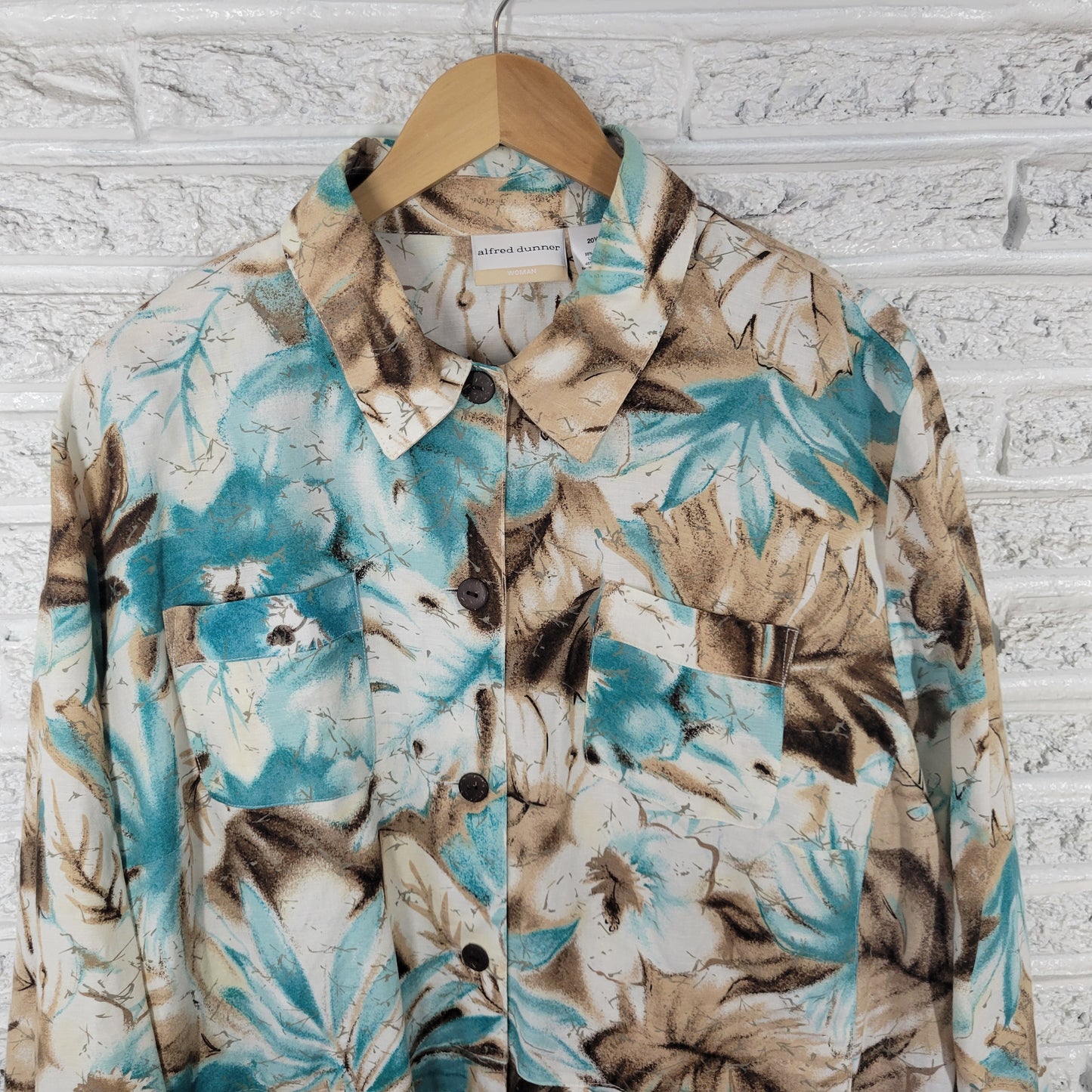 Alfred Dunner 20W Shacket Jacket Blue Tan Floral Linen Blend 3/4 Sleeve FLO127XE