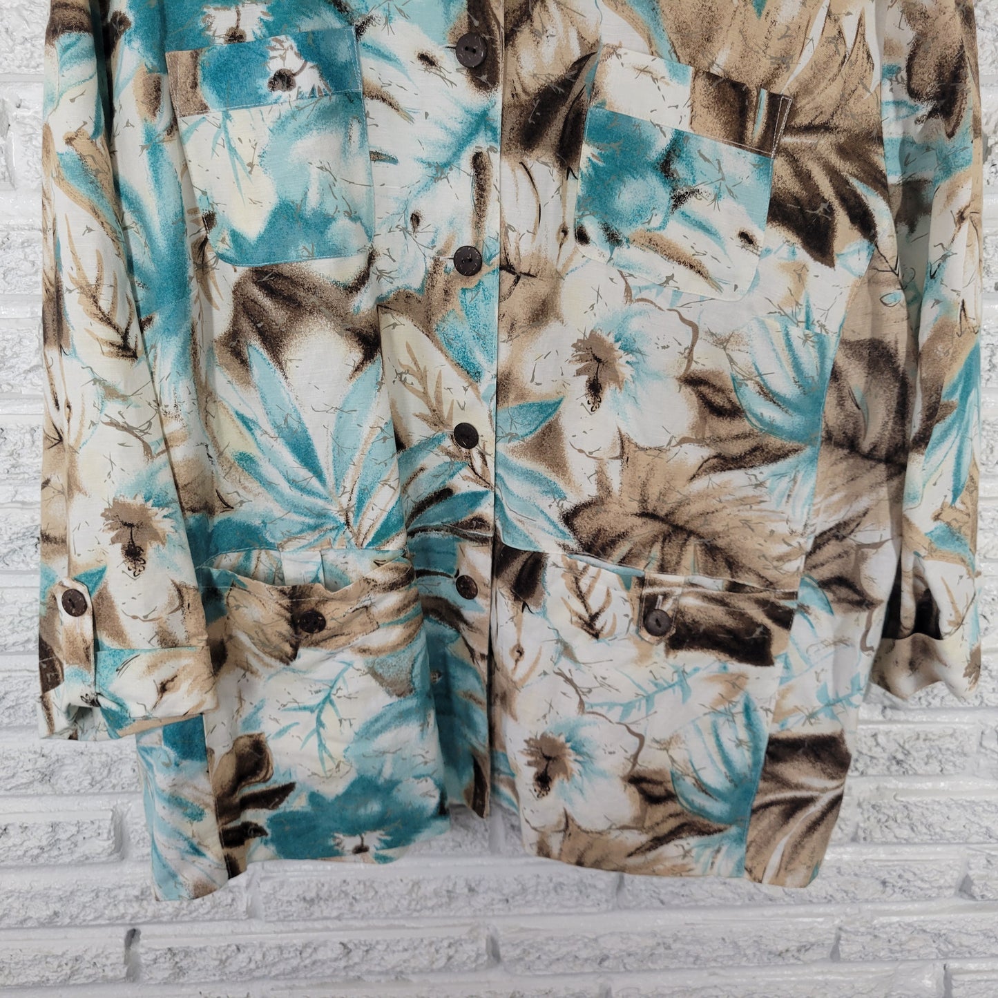 Alfred Dunner 20W Shacket Jacket Blue Tan Floral Linen Blend 3/4 Sleeve FLO127XE