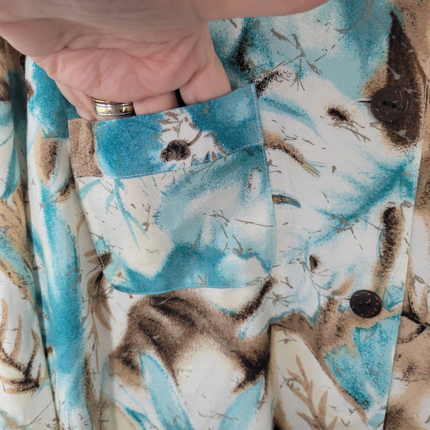 Alfred Dunner 20W Shacket Jacket Blue Tan Floral Linen Blend 3/4 Sleeve FLO127XE