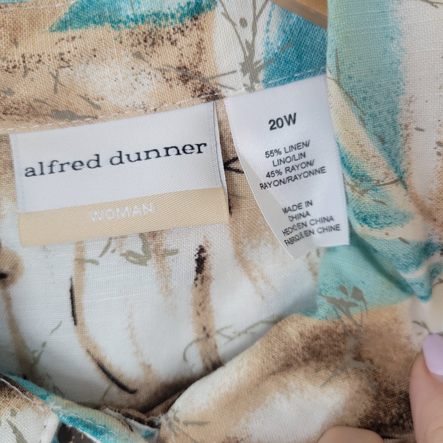 Alfred Dunner 20W Shacket Jacket Blue Tan Floral Linen Blend 3/4 Sleeve FLO127XE