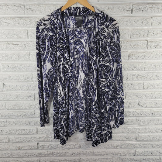 Chico's Additions XL Black Blue Abstract Crinkle Crepe Cardigan GEO287E