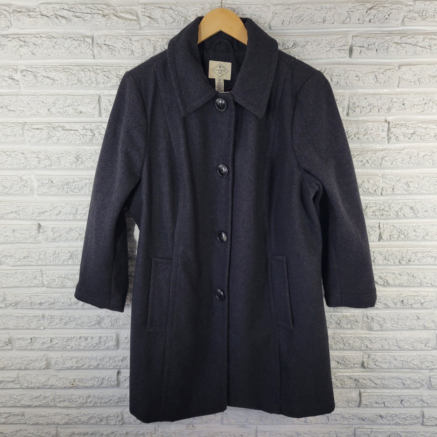 St. John's Bay Women's 1X Black Wool Blend Coat Lined Plus Size Button Up HNGE