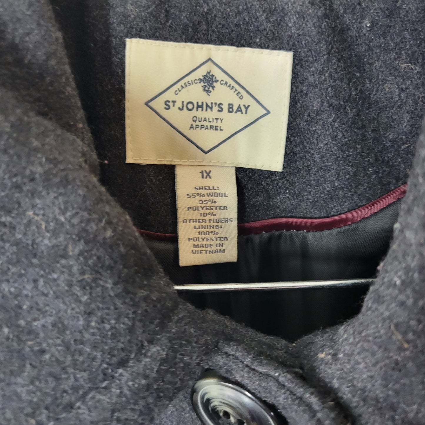 St. John's Bay Women's 1X Black Wool Blend Coat Lined Plus Size Button Up HNGE
