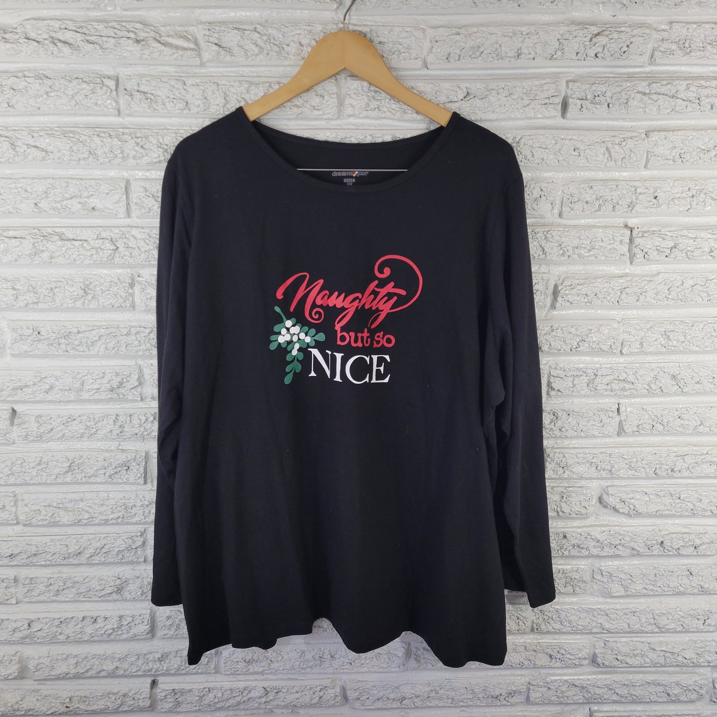 Dreams Co Women's 1X Black Cotton Pajama Tee Christmas Long Sleeve Crew BLA174E