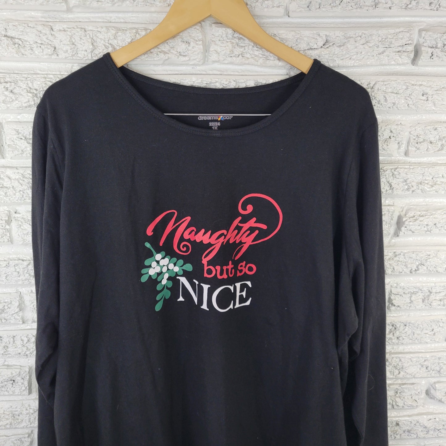 Dreams Co Women's 1X Black Cotton Pajama Tee Christmas Long Sleeve Crew BLA174E