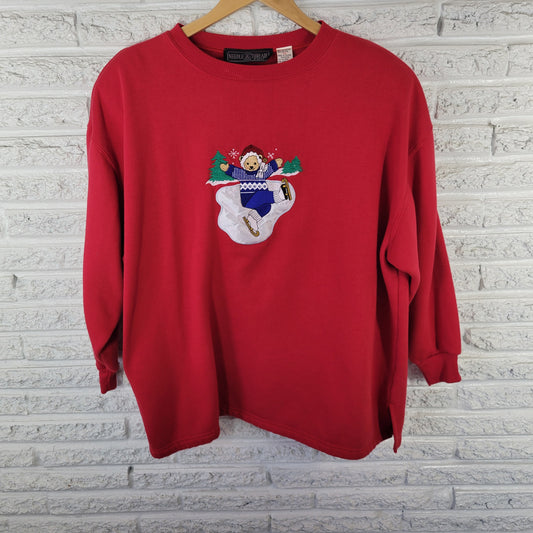 Needle & Threads 3X Red Sweatshirt Embroidered Ice Skating Bear Plus RED72E