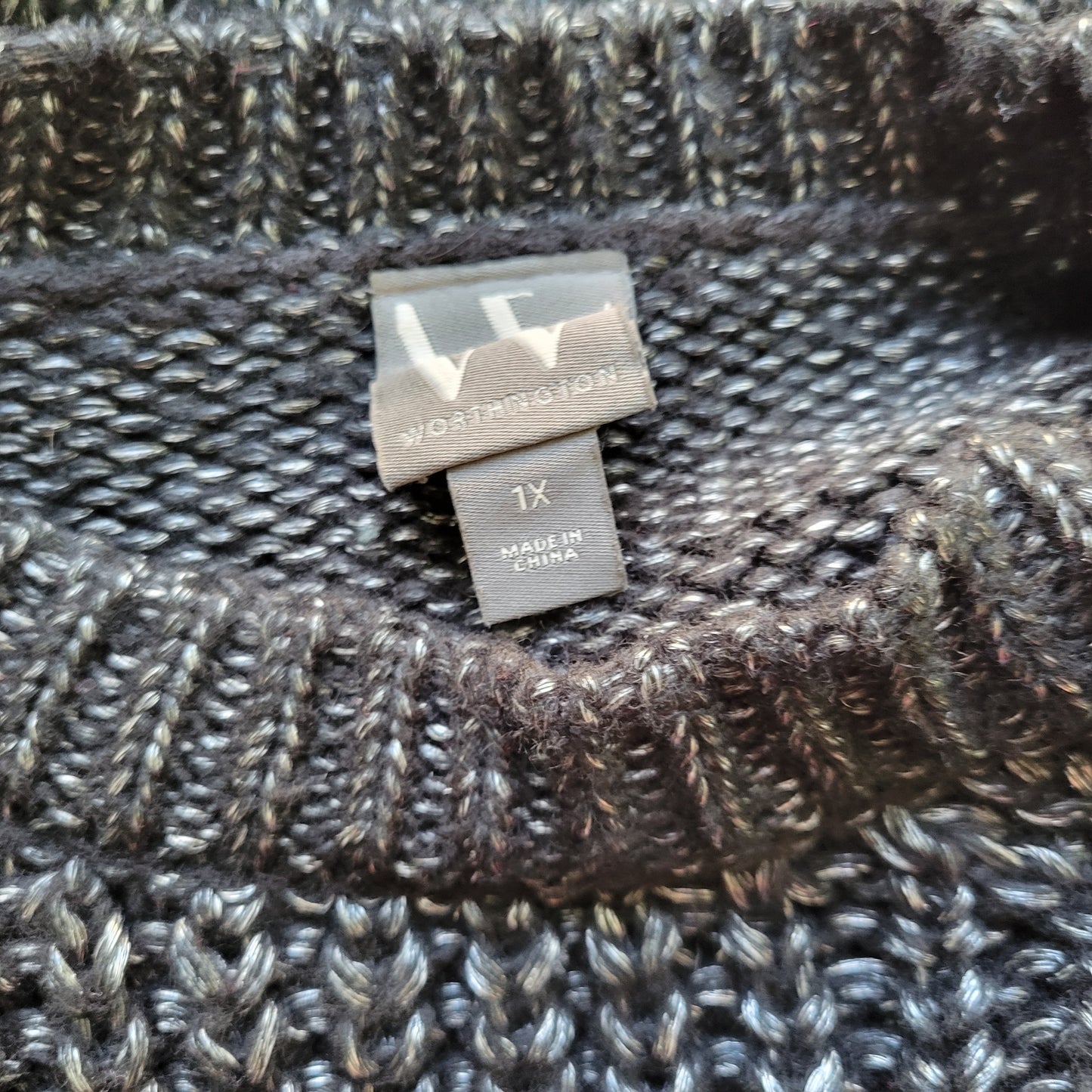 Worthington 1X Black Silver Metallic Sweater Open Knit Long Sleeve SWE36E