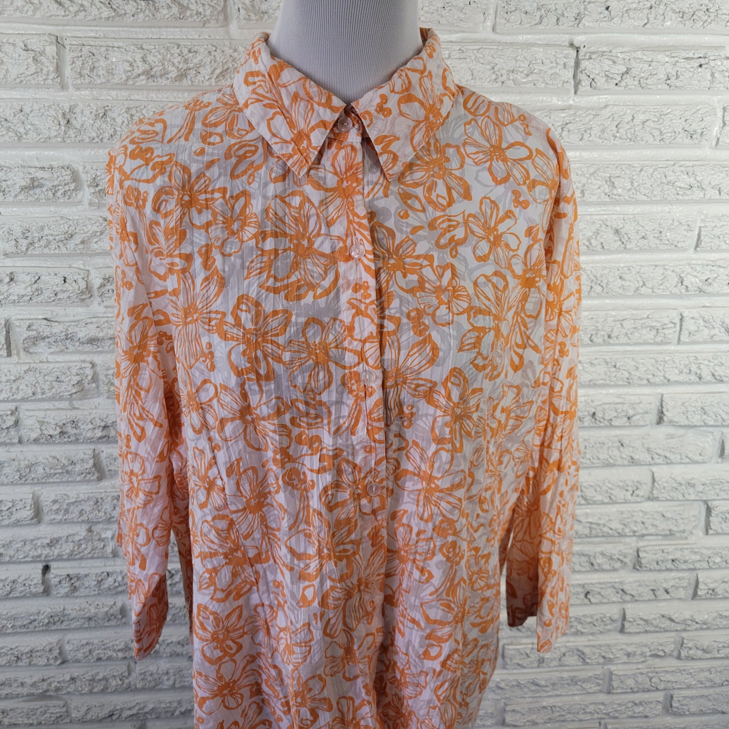 Denim & Co 1X Orange White Floral 3/4 Sleeve Button Up Shirt Semi Sheer FLO276E