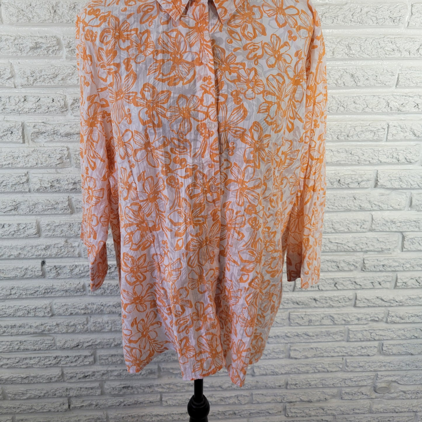 Denim & Co 1X Orange White Floral 3/4 Sleeve Button Up Shirt Semi Sheer FLO276E