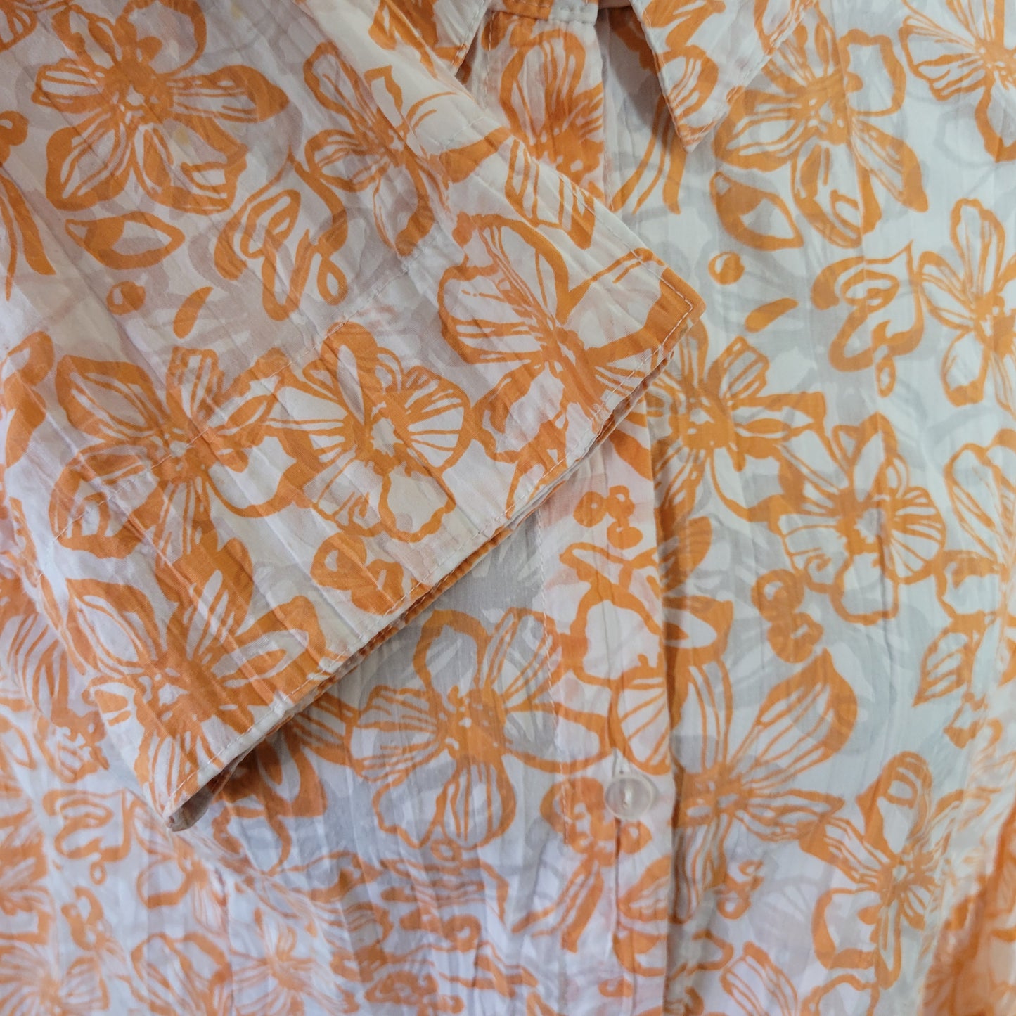 Denim & Co 1X Orange White Floral 3/4 Sleeve Button Up Shirt Semi Sheer FLO276E
