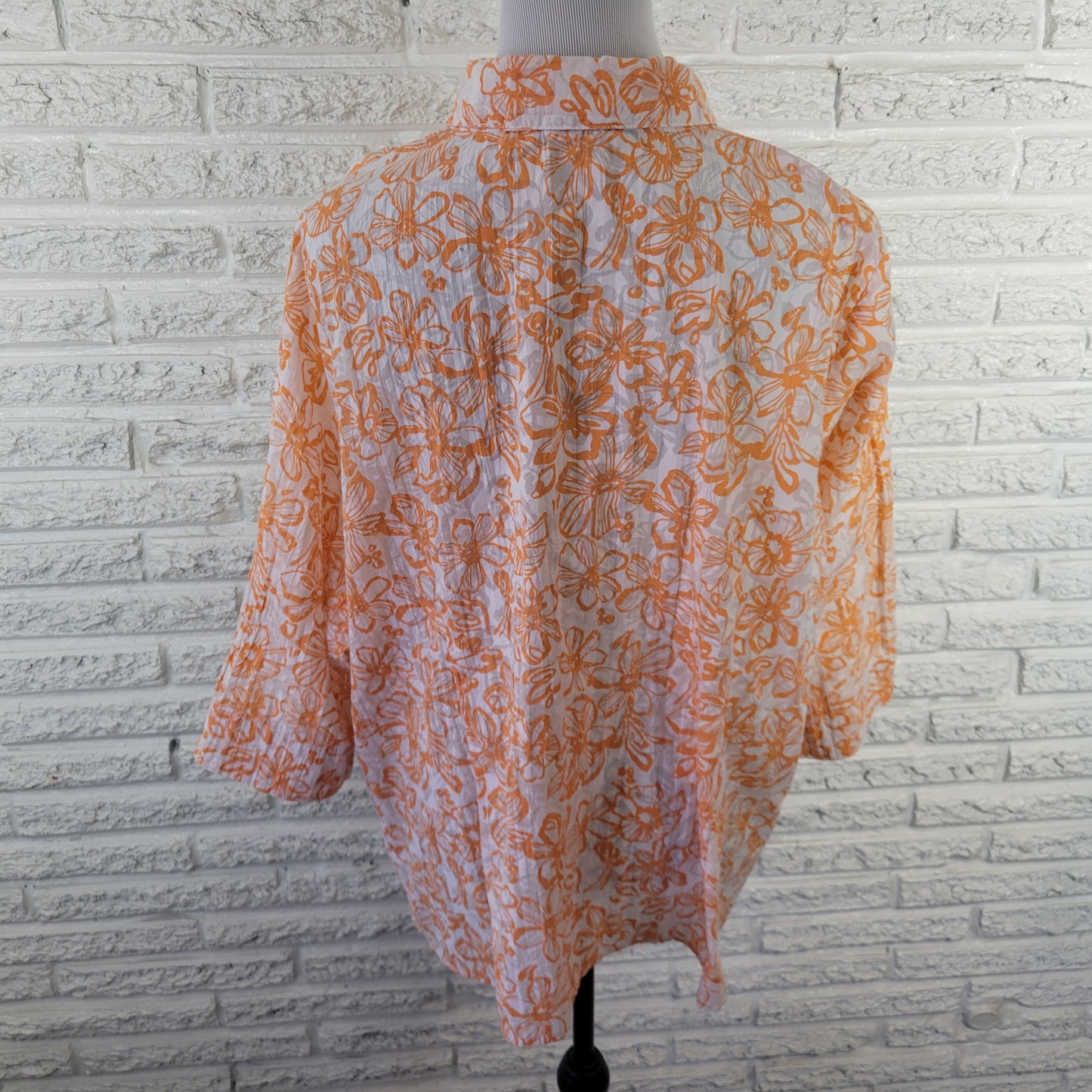Denim & Co 1X Orange White Floral 3/4 Sleeve Button Up Shirt Semi Sheer FLO276E
