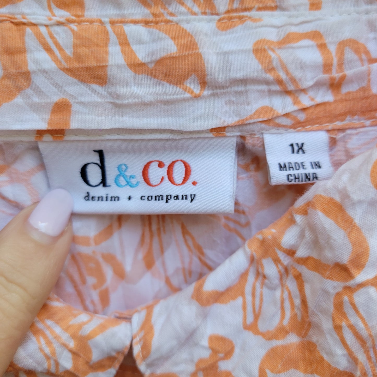 Denim & Co 1X Orange White Floral 3/4 Sleeve Button Up Shirt Semi Sheer FLO276E