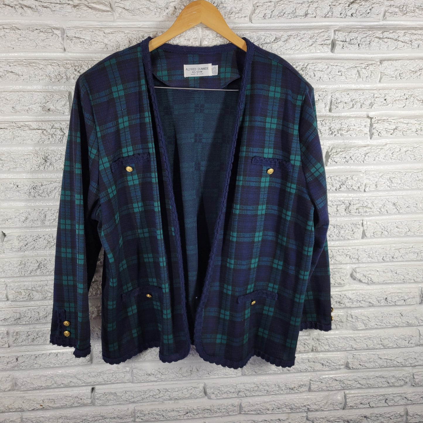 Alfred Dunner Womens 20W Plus Blue Green Plaid Vintage Open Jacket Crochet HNGE