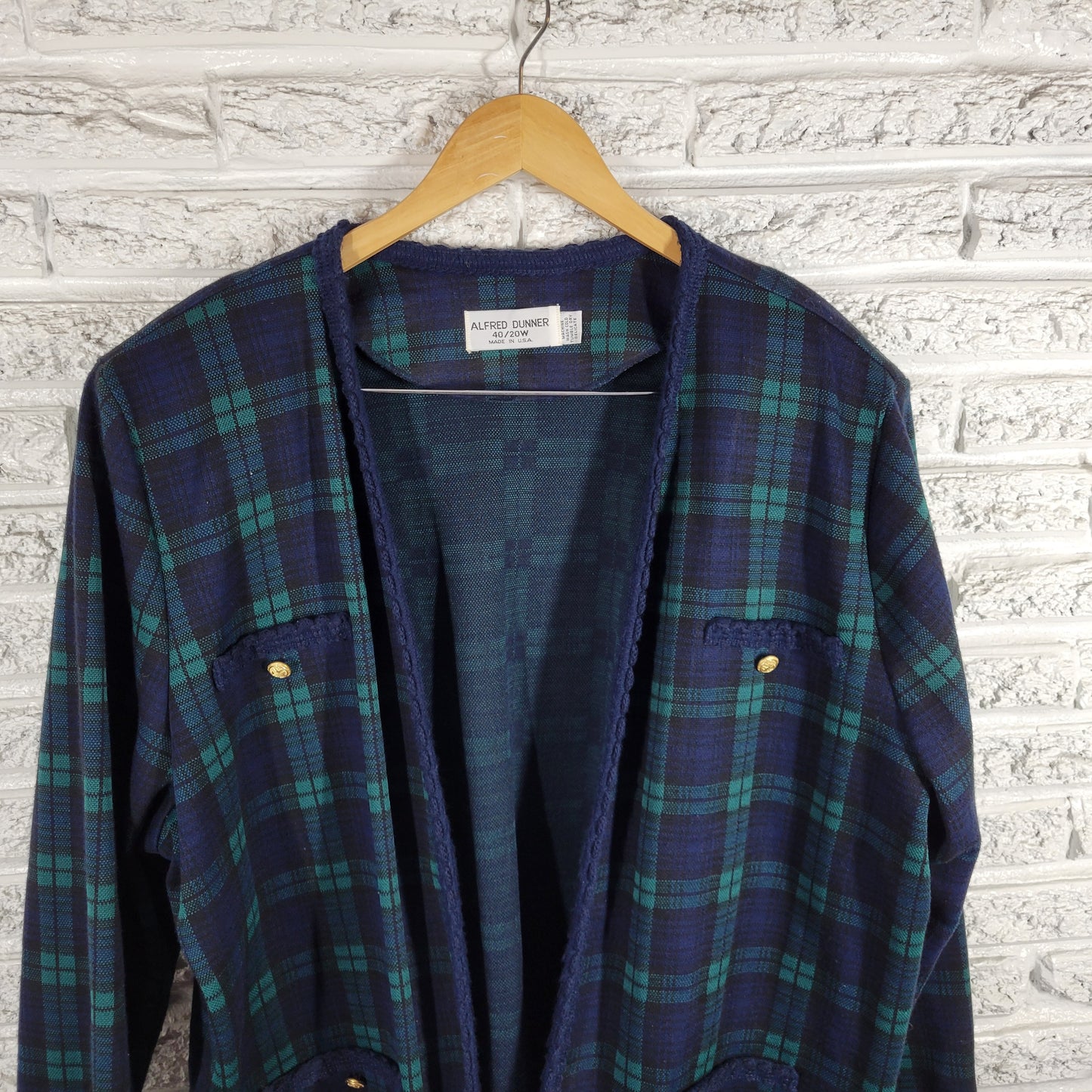 Alfred Dunner Womens 20W Plus Blue Green Plaid Vintage Open Jacket Crochet HNGE