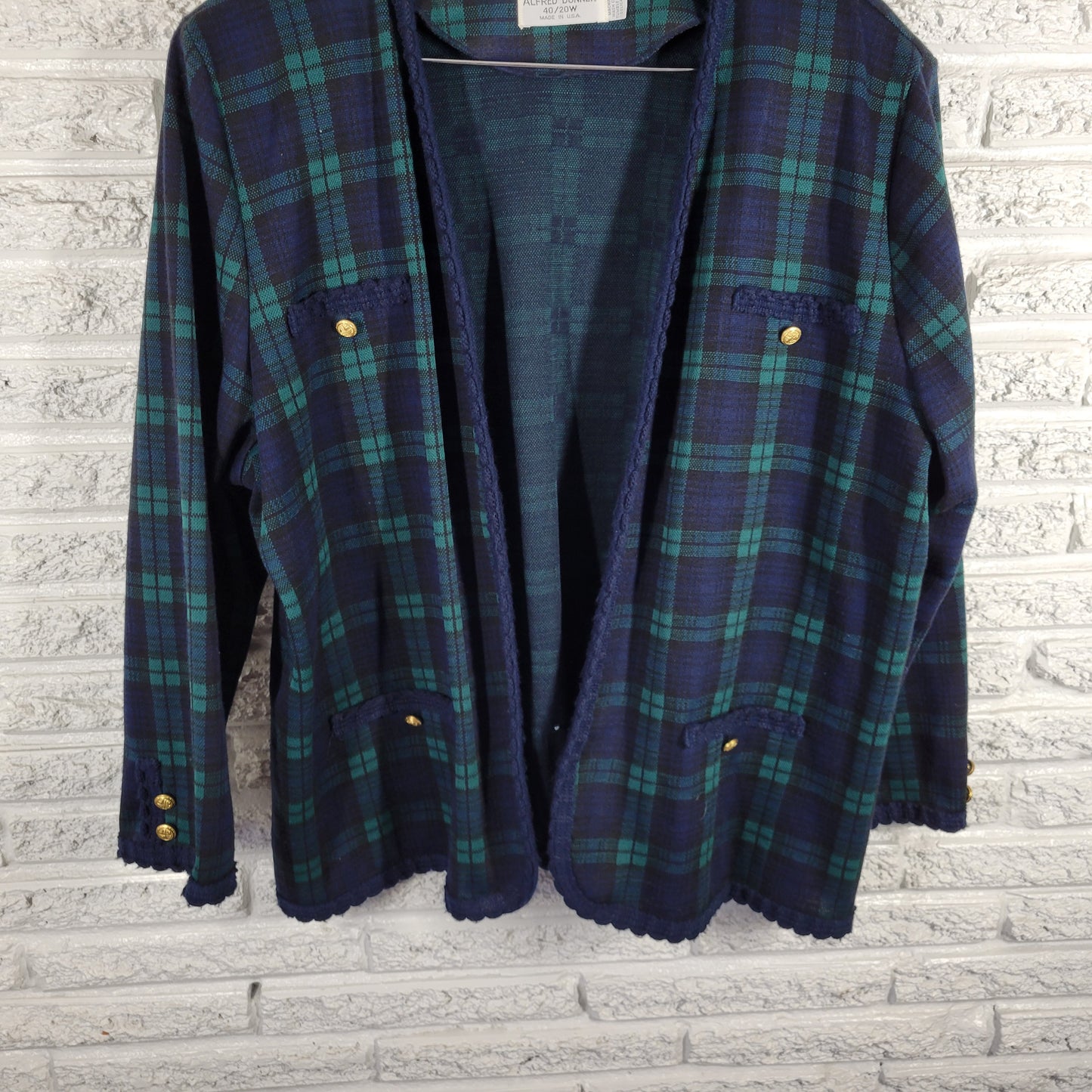 Alfred Dunner Womens 20W Plus Blue Green Plaid Vintage Open Jacket Crochet HNGE