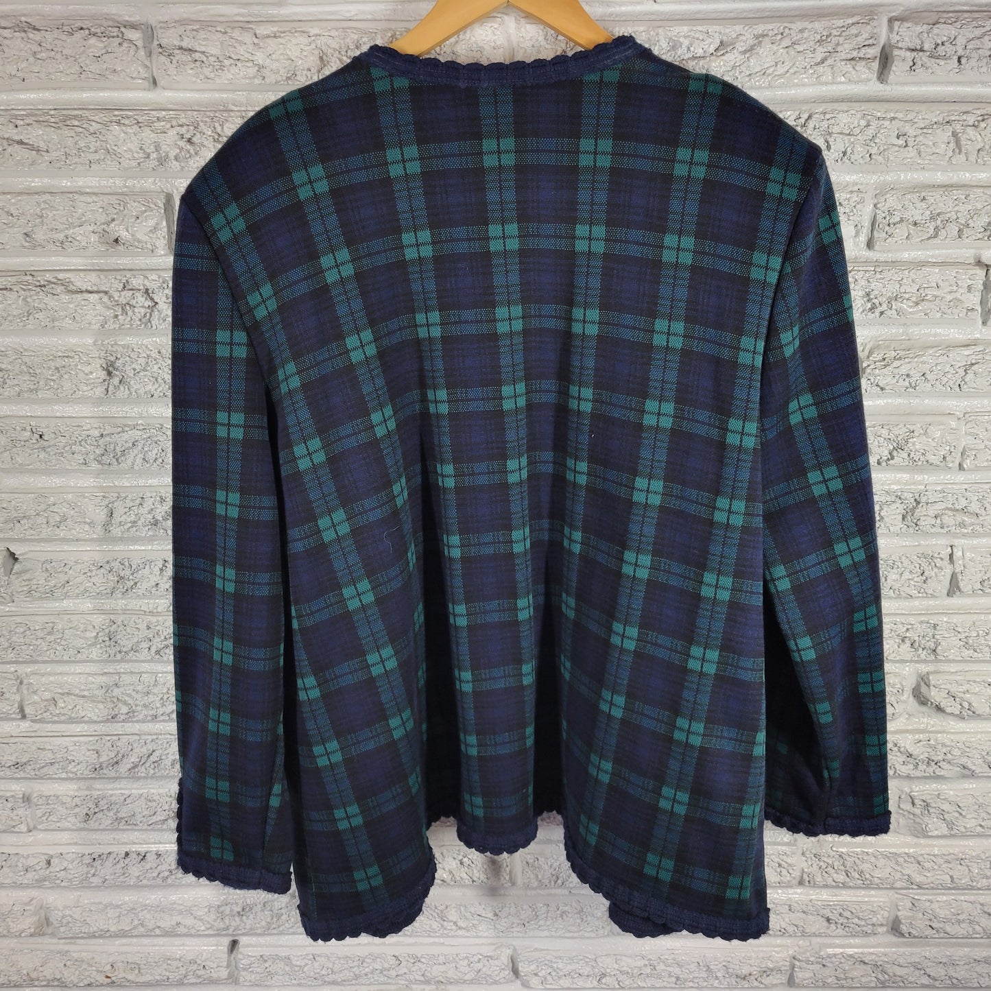 Alfred Dunner Womens 20W Plus Blue Green Plaid Vintage Open Jacket Crochet HNGE