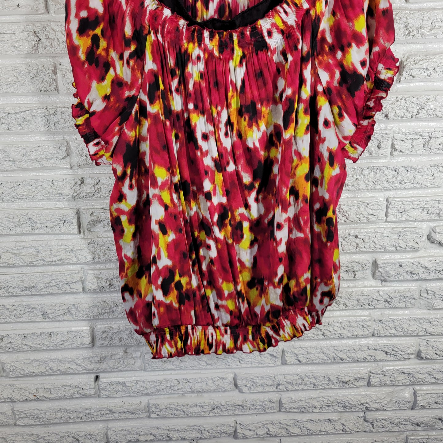 Alfani Womens 24W Plus Red Yellow Blouse Peplum Puff Sleeve Frilly WAT27E