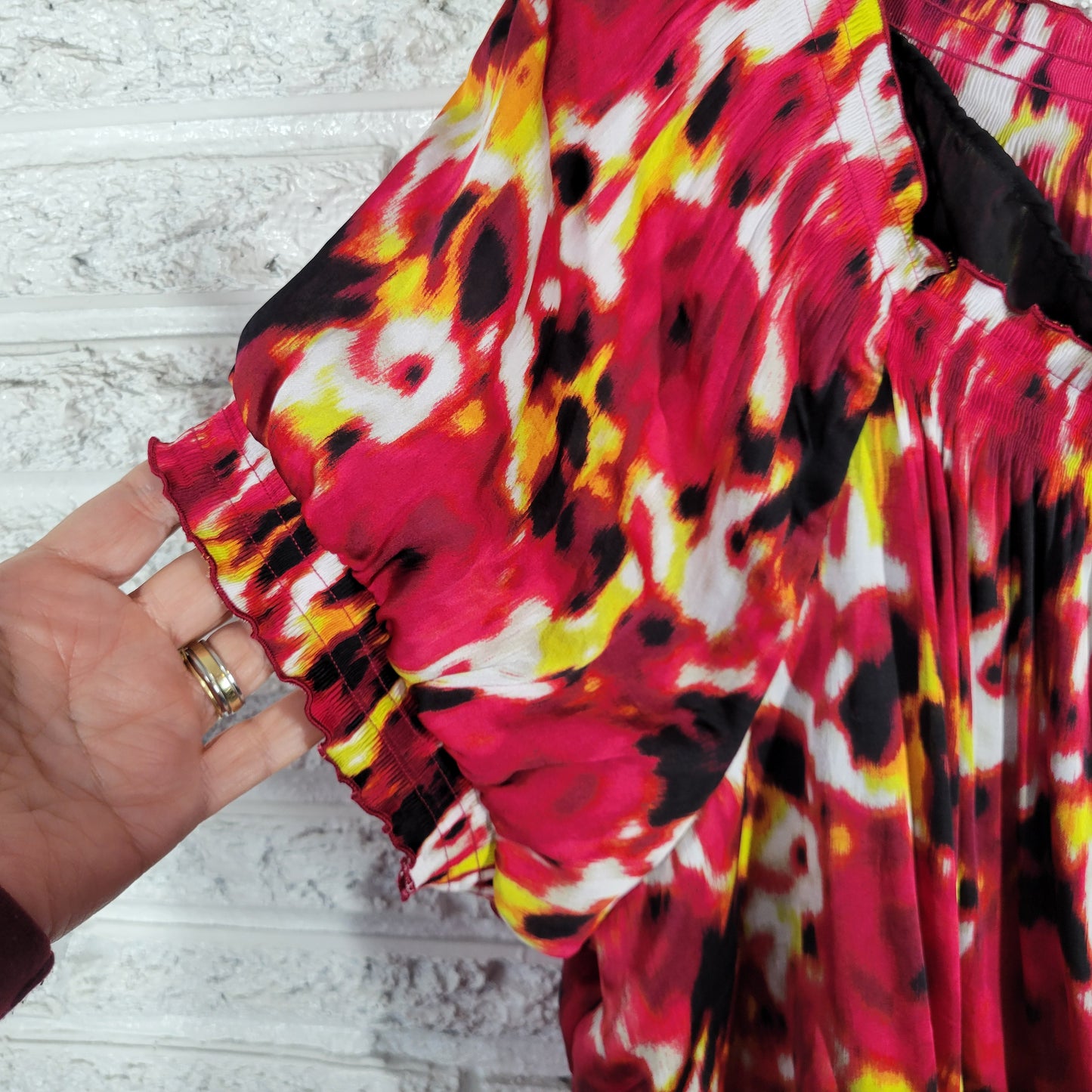 Alfani Womens 24W Plus Red Yellow Blouse Peplum Puff Sleeve Frilly WAT27E