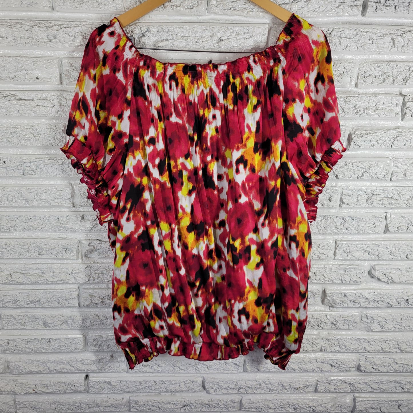 Alfani Womens 24W Plus Red Yellow Blouse Peplum Puff Sleeve Frilly WAT27E