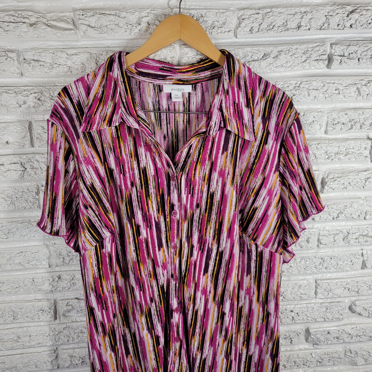 Dress Barn Womens 3X Plus Tunic Pink Purple Striped Crinkle Crepe STR65E