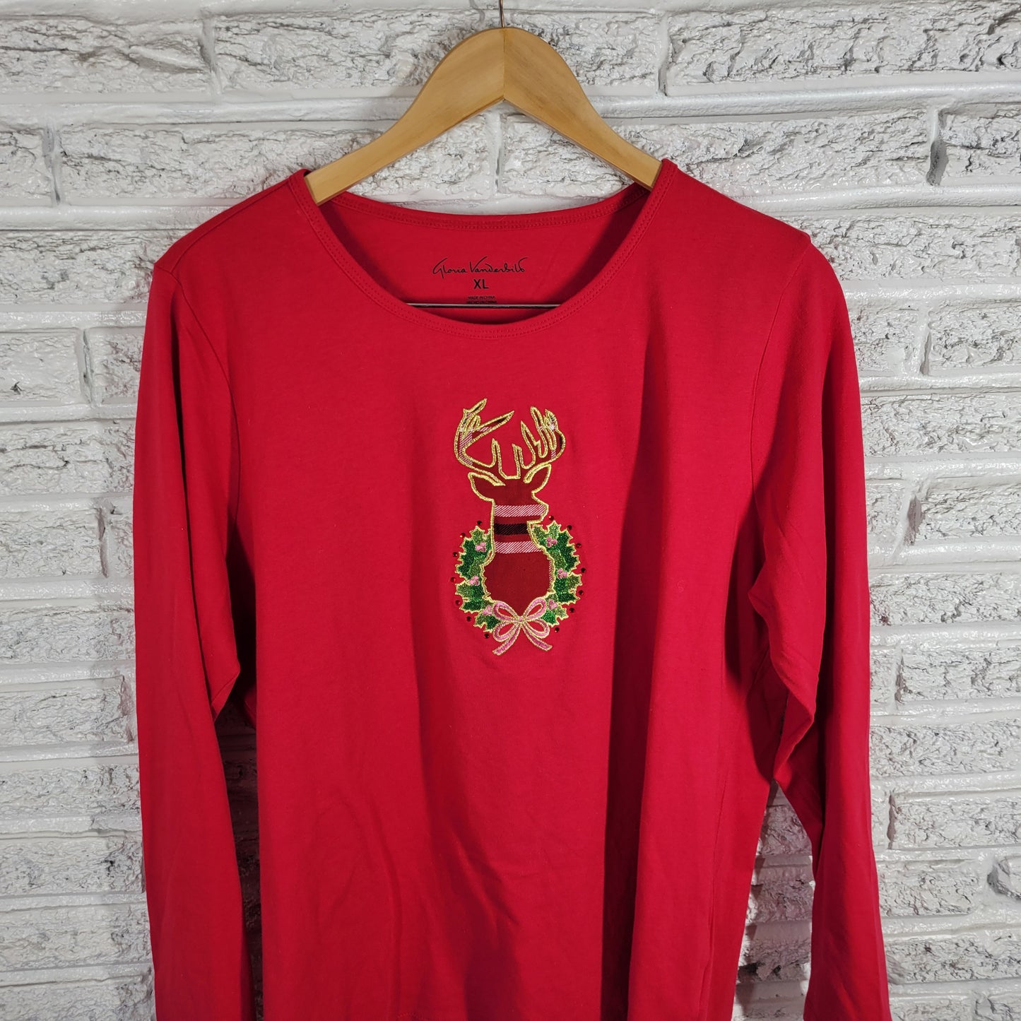 Gloria Vanderbilt Womens XL Christmas Tee Red Reindeer Embroidered RED43E