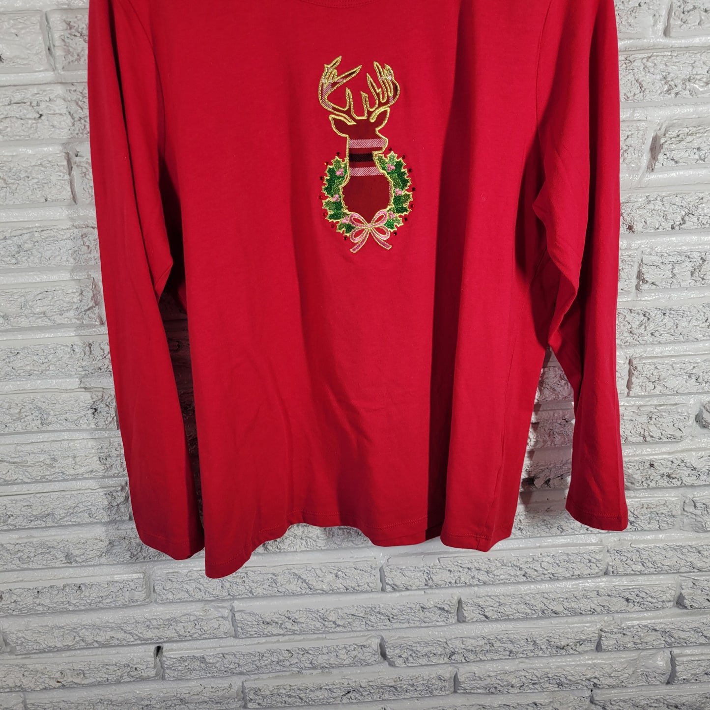 Gloria Vanderbilt Womens XL Christmas Tee Red Reindeer Embroidered RED43E