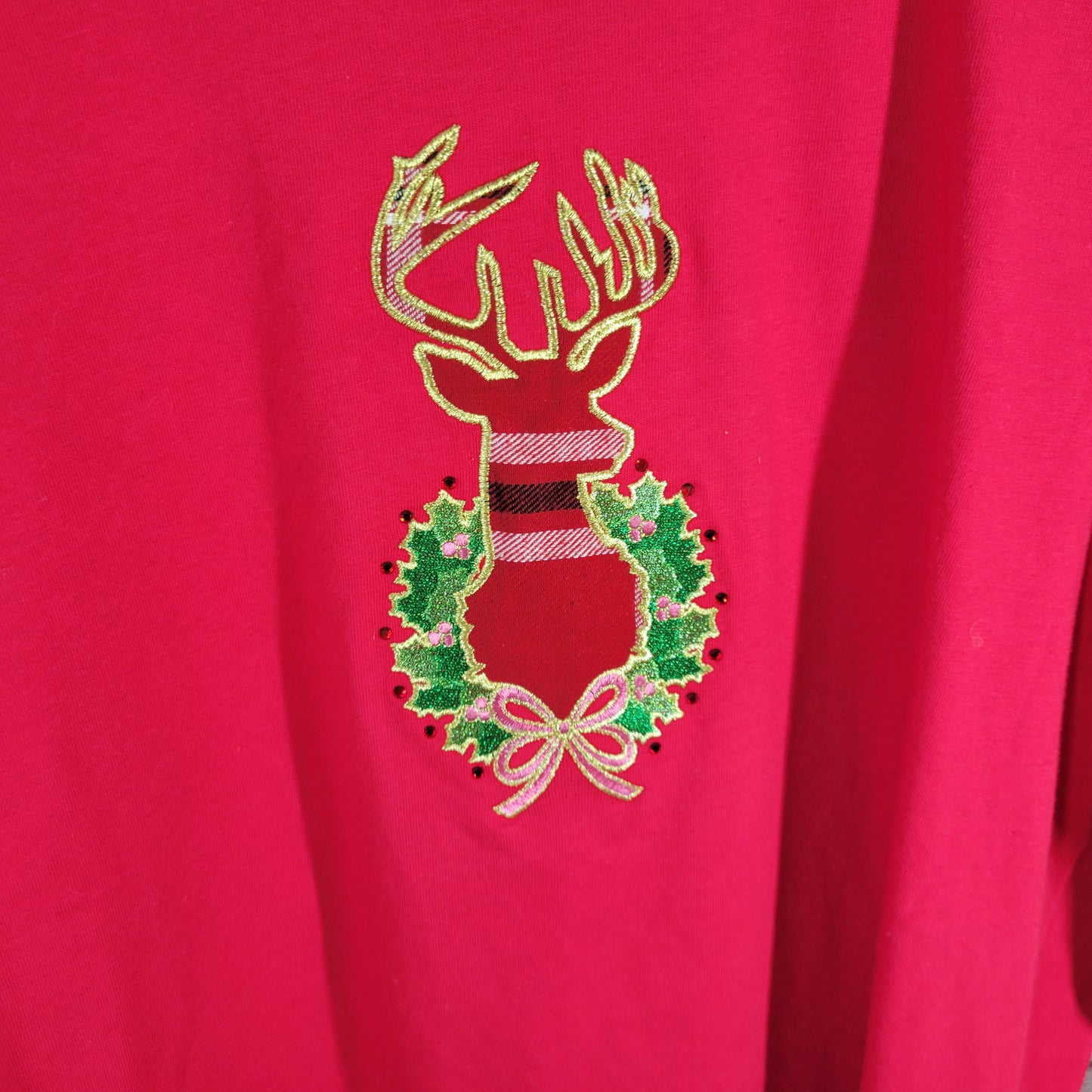 Gloria Vanderbilt Womens XL Christmas Tee Red Reindeer Embroidered RED43E