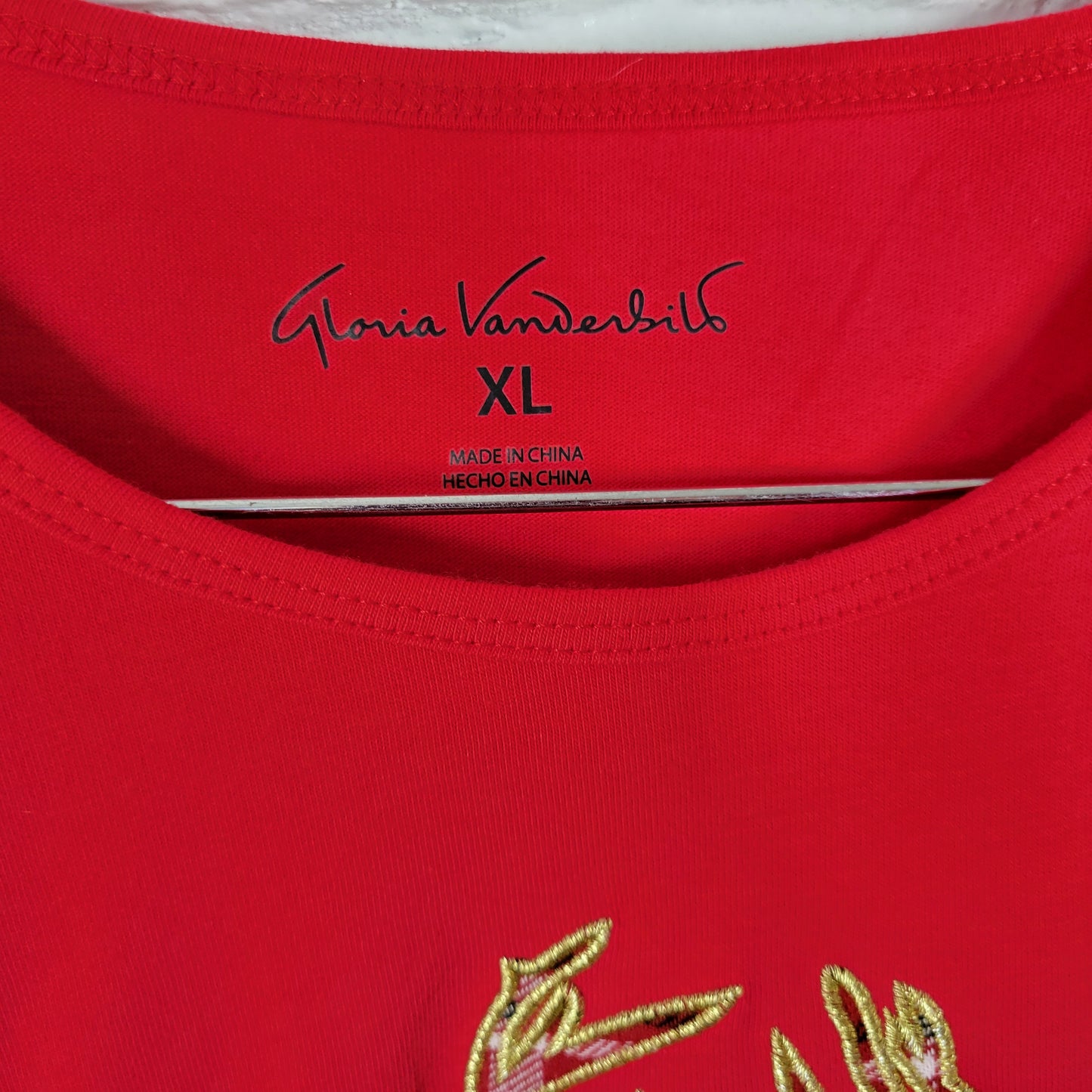 Gloria Vanderbilt Womens XL Christmas Tee Red Reindeer Embroidered RED43E