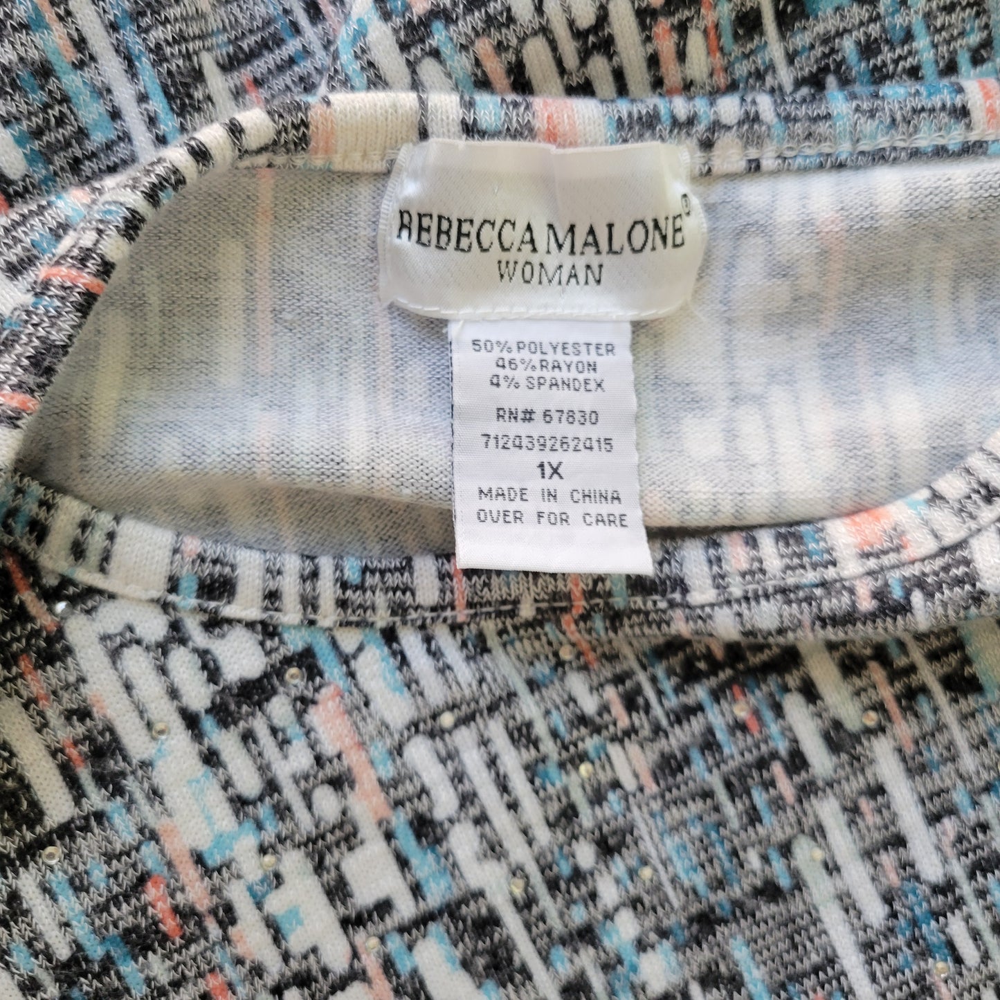 Rebecca Malone Womens 1X Plus Blouse Geometric Studded Faded Look GEO295XE