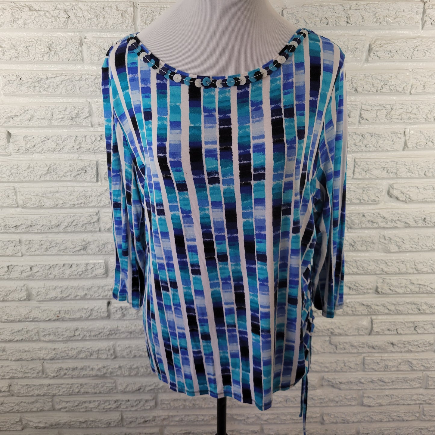 Ruby Rd. Women's XL Top Blue Watercolor Geometric Ruched Beaded GEO295E